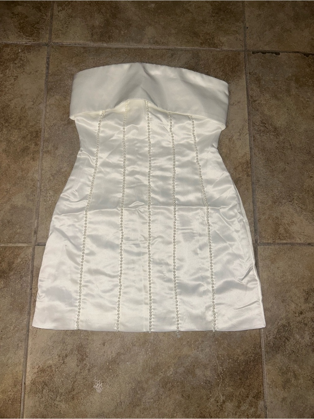 Peppermayo Cream Strapless Satin Mini Dress with Vertical Beaded Rows